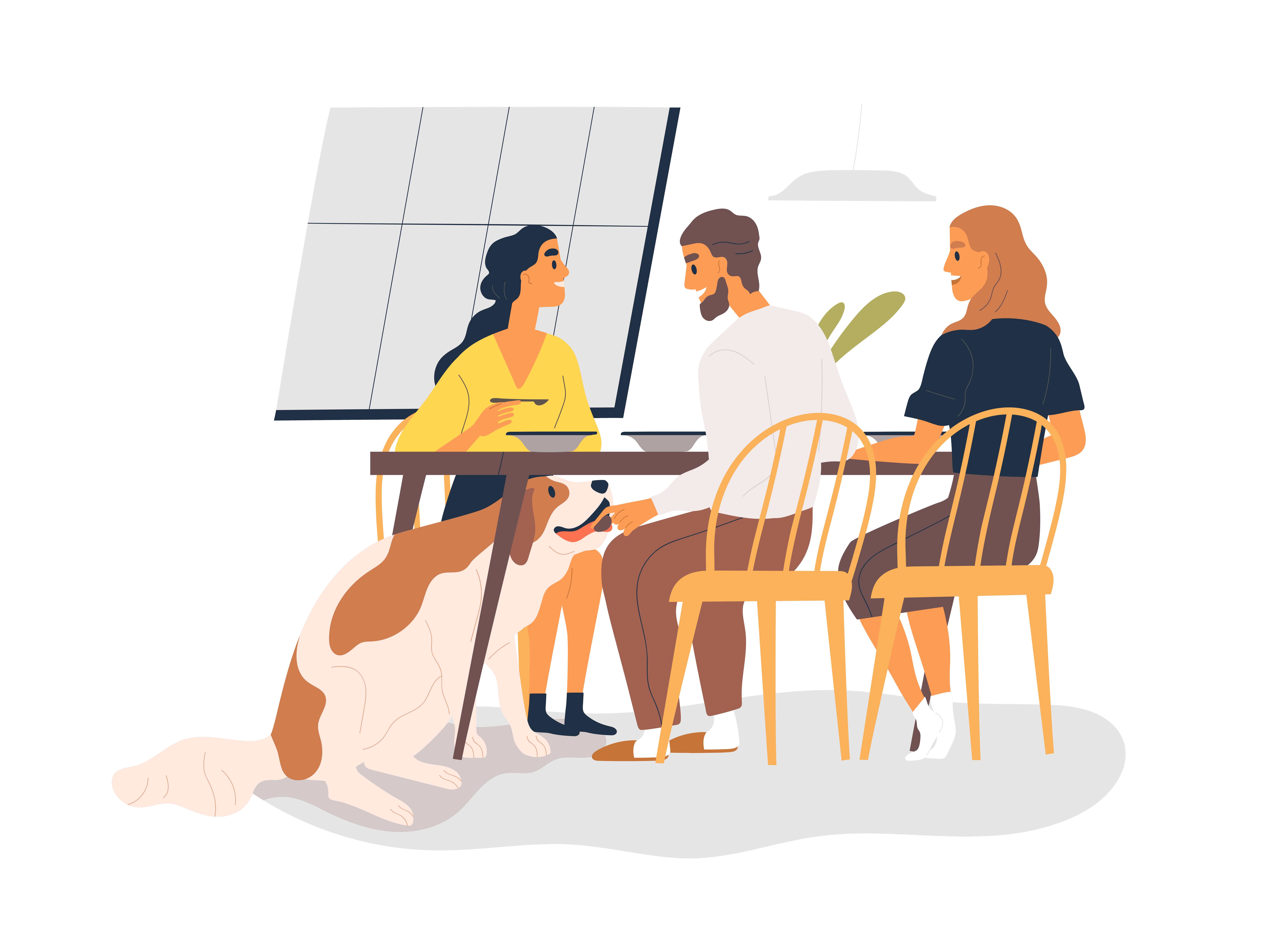 Friends at a table, feeding a dog under the table