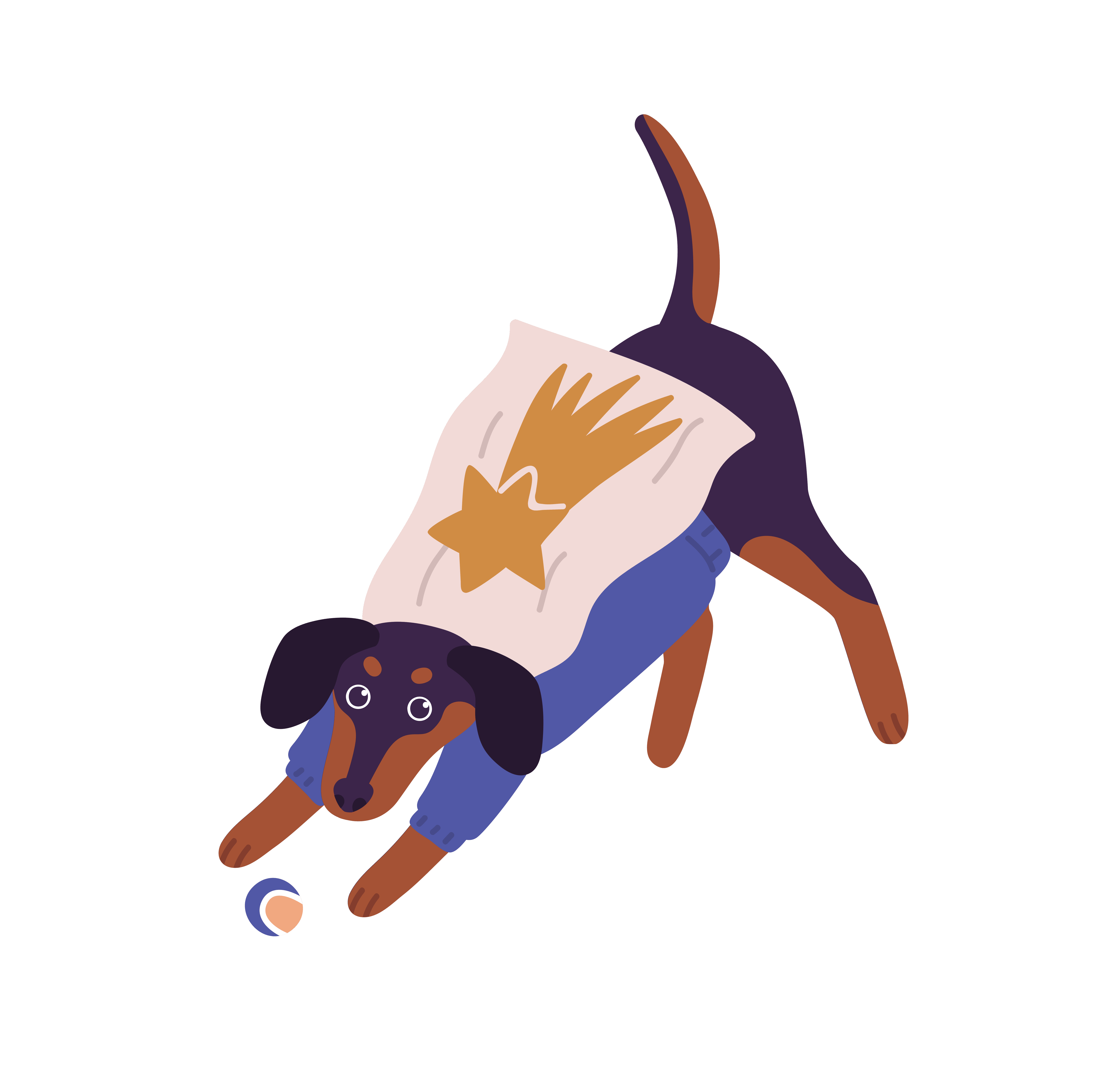 Dog wearing a cape like a super hero, playing with his ball.