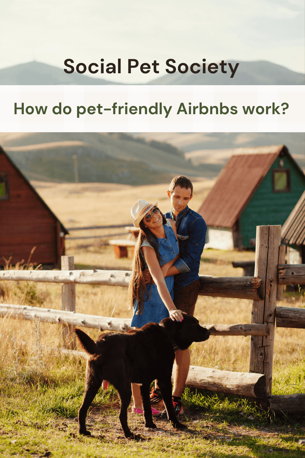 Pinterst Pin that says how do pet-friendly Airbnbs wokr? with a picture of a happy couple with their dog in a beautiful location.