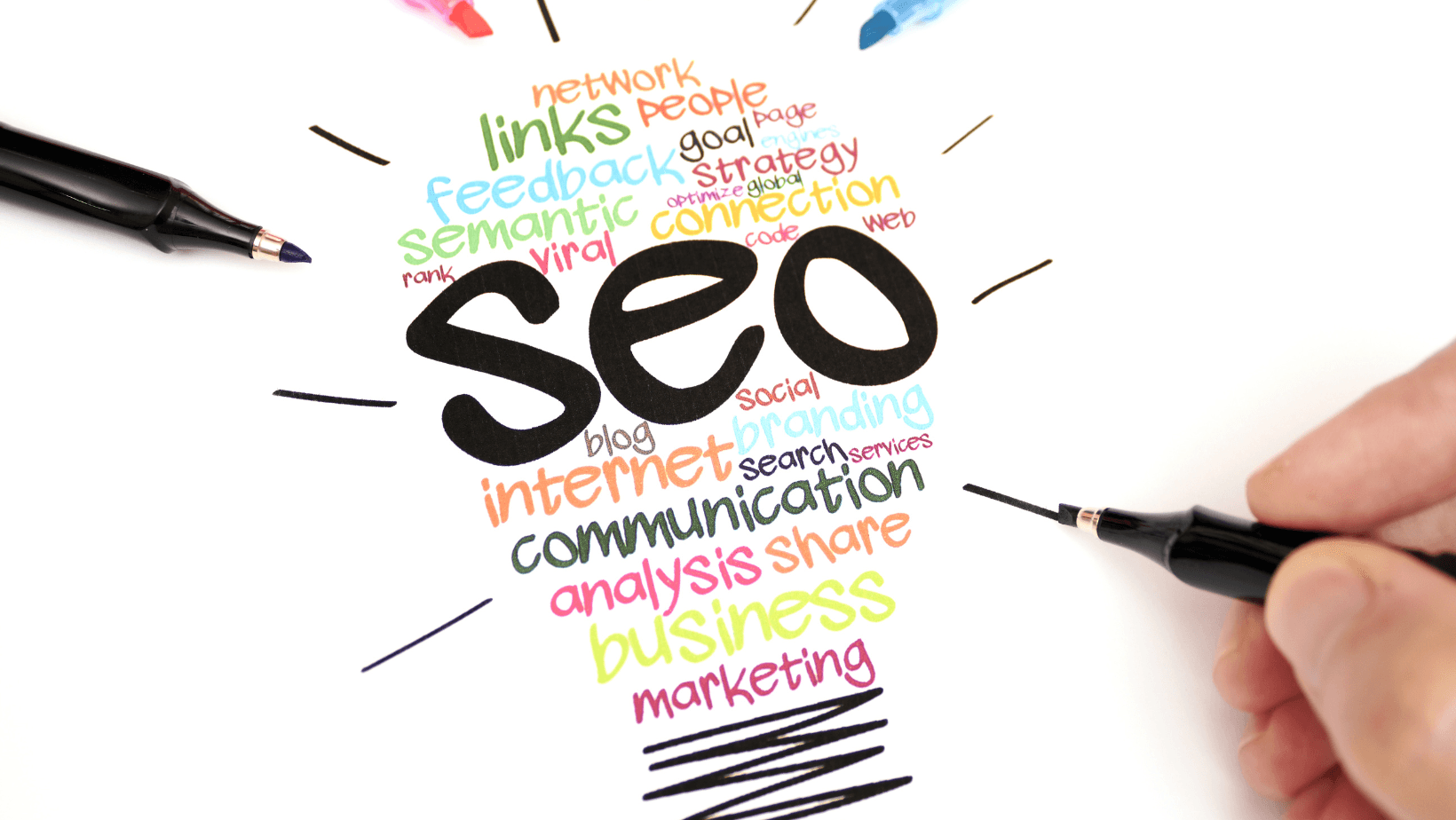 An illuminated light bulb surrounded by essential SEO terms – representing the bright ideas and strategies for optimising your pet-friendly business online.