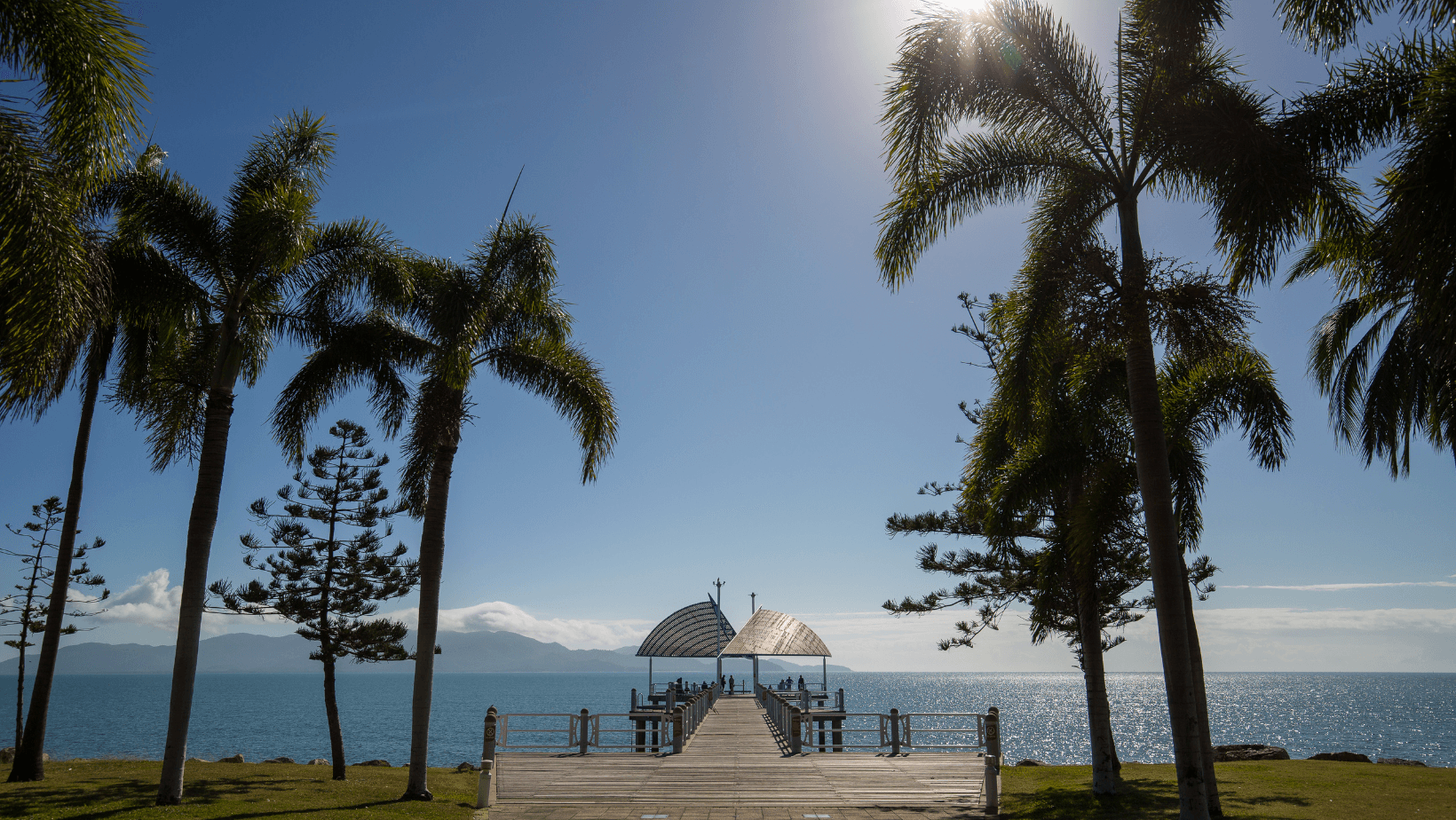 Townsville Jetty on the Strand with palm trees in the foreground