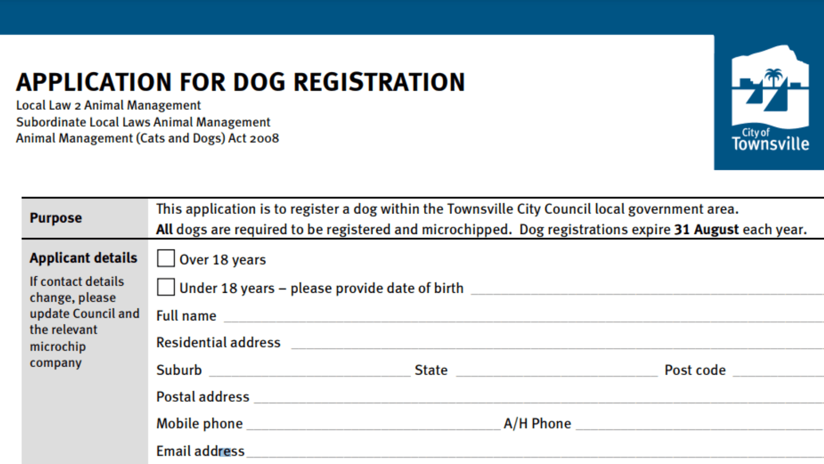Example of the registration form to fill out by Council