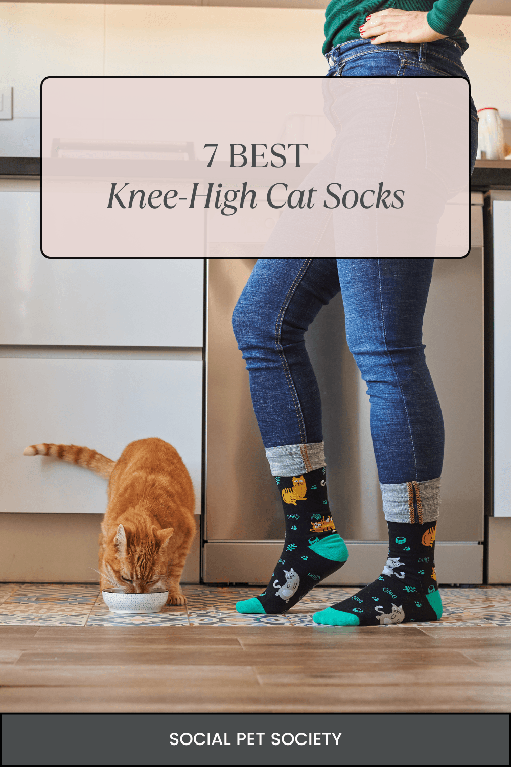 Woman wearing knee-high cat socks, standing near a cat, smiling and enjoying a casual moment with her feline companion.